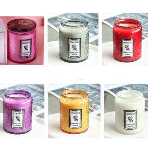 Colorful embossed glass jar scented candle
